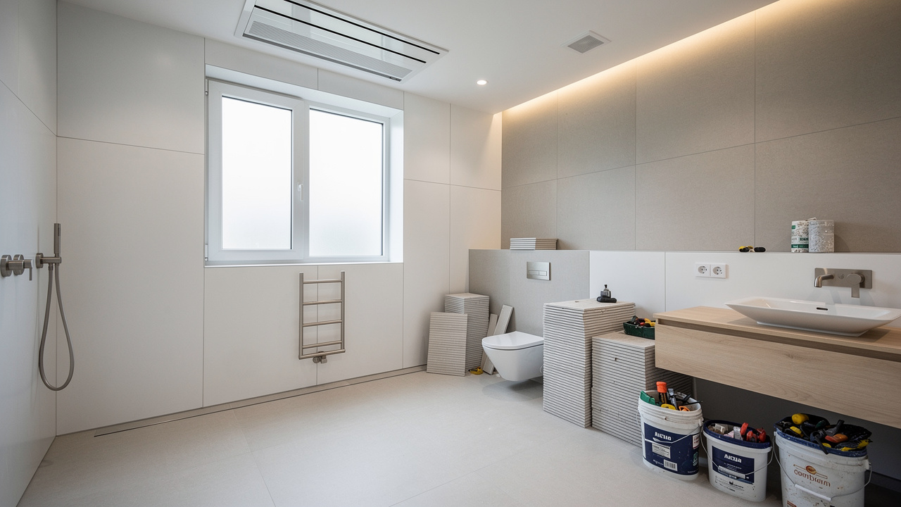 Salle de bains contemporaine en rénovation avec système de ventilation au plafond, fenêtre à double vitrage et matériaux résistants à l’humidité.